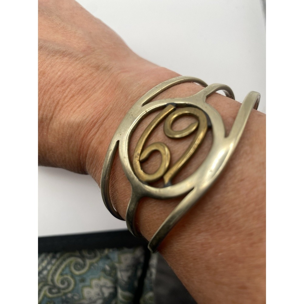 Two Tone Silver Tone Zodiac Cancer Brass Bracelet Cuff